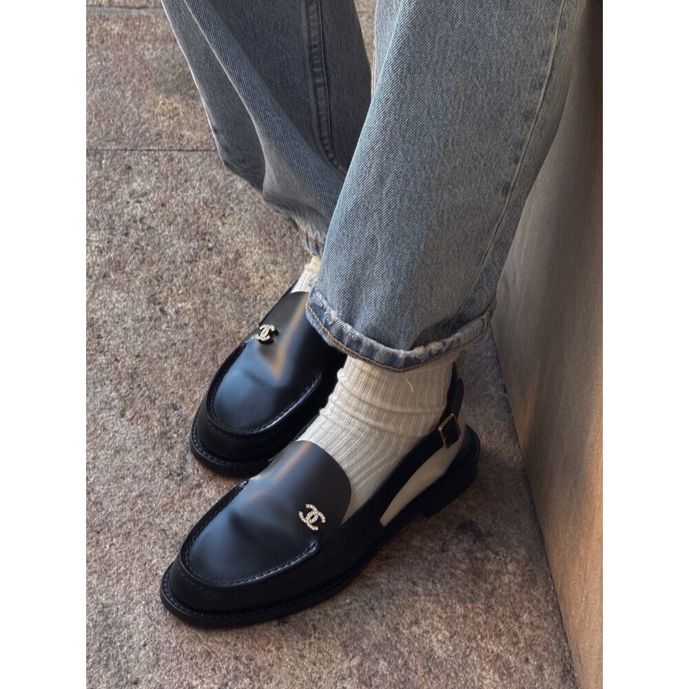 Chanel REV Black Leather CC Crystal Logo Coco Sling Slingback Ballet Flat 40 - Picture 3 of 16